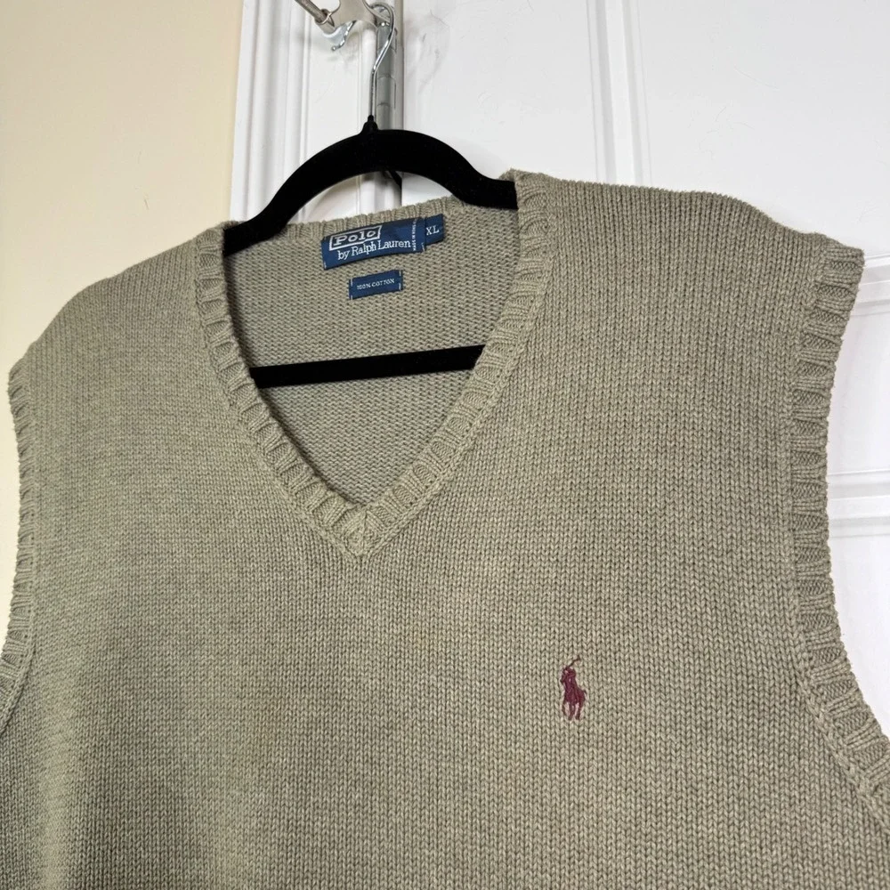 Vintage Polo Ralph Lauren Sweater Vest Men XL Olive Green Cotton Knit V-Neck